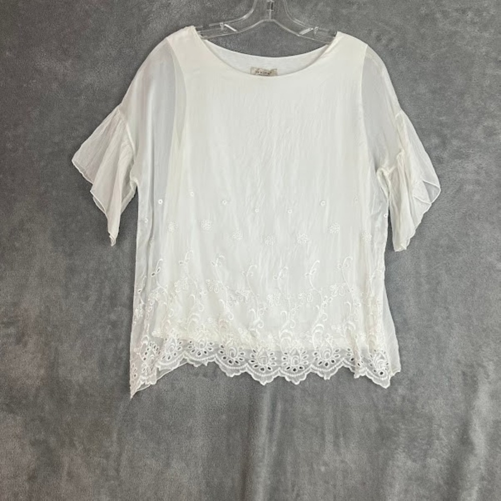 Via Signoria Blouse Womens S 100% Silk Embroidered Flutter Sleeve Fairy Italy